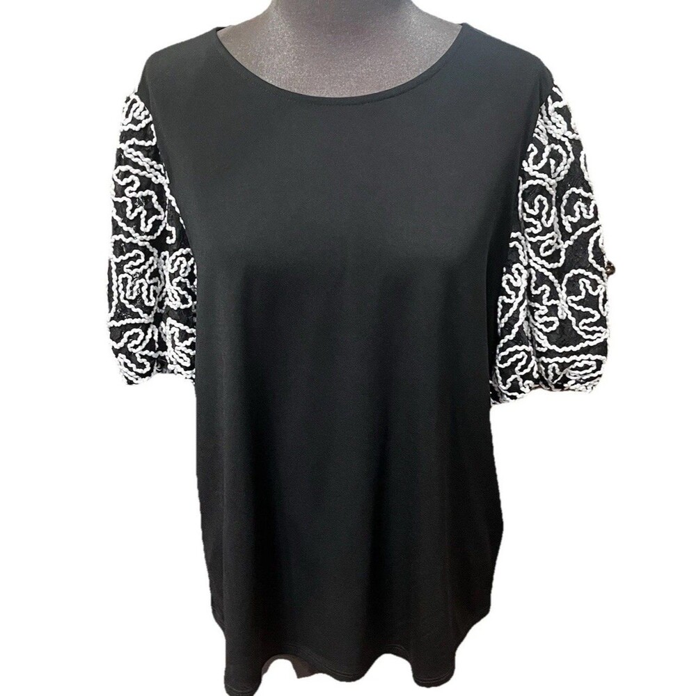 Adrianna Papell Women's L Black Knit Blouse Puff Sleeve White Embroidery Detail
